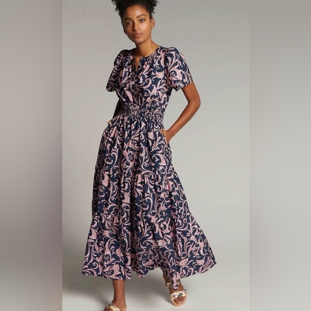 Anthropologie Somerset Navy and Pink Patterned Classic Maxi Dress